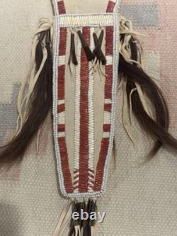 Vintage Native American Beaded Leather Knife Sheath Hair Tassels Quillwork