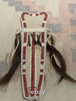 Vintage Native American Beaded Leather Knife Sheath Hair Tassels Quillwork