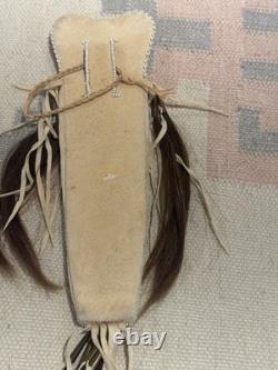 Vintage Native American Beaded Leather Knife Sheath Hair Tassels Quillwork