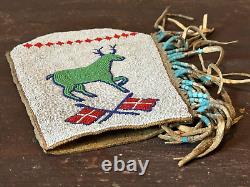 Vintage Native American Beaded Leather Pictorial Flat Bag Pouch Moose Design