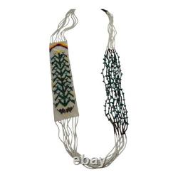 Vintage Native American Beaded Necklace with Navajo Rug Pattern with Sterling Tips