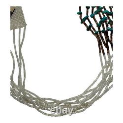 Vintage Native American Beaded Necklace with Navajo Rug Pattern with Sterling Tips