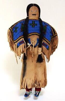 Vintage Native American Beaded Suede Doll Horsehair Ponytail Felt Moccasins