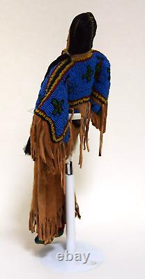 Vintage Native American Beaded Suede Doll Horsehair Ponytail Felt Moccasins