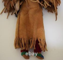 Vintage Native American Beaded Suede Doll Horsehair Ponytail Felt Moccasins