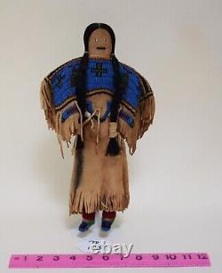 Vintage Native American Beaded Suede Doll Horsehair Ponytail Felt Moccasins