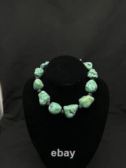 Vintage Native American Chunky Turquoise Nuggets & Sterling Beads Necklace