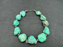 Vintage Native American Chunky Turquoise Nuggets & Sterling Beads Necklace