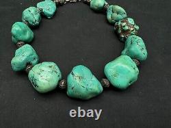 Vintage Native American Chunky Turquoise Nuggets & Sterling Beads Necklace