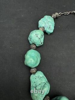 Vintage Native American Chunky Turquoise Nuggets & Sterling Beads Necklace