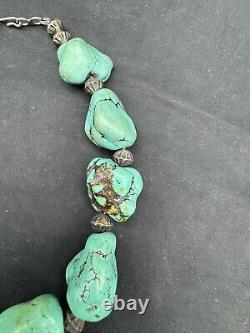 Vintage Native American Chunky Turquoise Nuggets & Sterling Beads Necklace