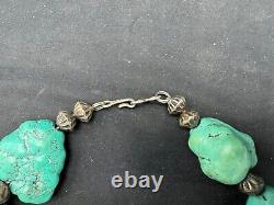 Vintage Native American Chunky Turquoise Nuggets & Sterling Beads Necklace