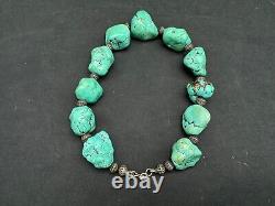 Vintage Native American Chunky Turquoise Nuggets & Sterling Beads Necklace