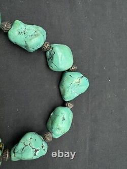 Vintage Native American Chunky Turquoise Nuggets & Sterling Beads Necklace