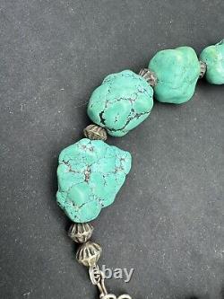 Vintage Native American Chunky Turquoise Nuggets & Sterling Beads Necklace