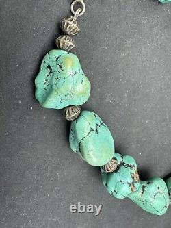 Vintage Native American Chunky Turquoise Nuggets & Sterling Beads Necklace