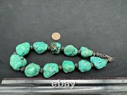 Vintage Native American Chunky Turquoise Nuggets & Sterling Beads Necklace