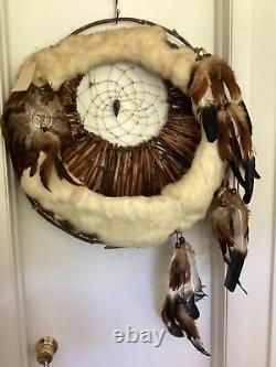 Vintage Native American DREAM CATCHER Rabbit Wool Pheasant Feathers Beads