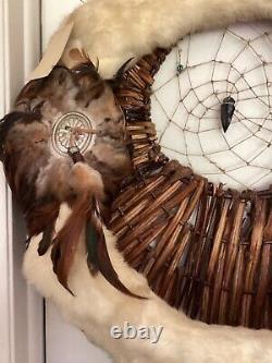 Vintage Native American DREAM CATCHER Rabbit Wool Pheasant Feathers Beads