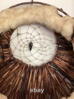 Vintage Native American DREAM CATCHER Rabbit Wool Pheasant Feathers Beads