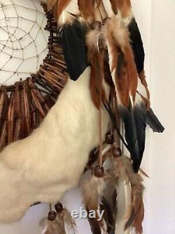 Vintage Native American DREAM CATCHER Rabbit Wool Pheasant Feathers Beads