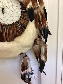 Vintage Native American DREAM CATCHER Rabbit Wool Pheasant Feathers Beads