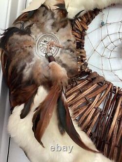 Vintage Native American DREAM CATCHER Rabbit Wool Pheasant Feathers Beads