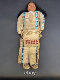 Vintage Native American Doll Beaded Sioux Indian W Leather Fringe 11 Tall