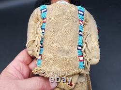 Vintage Native American Doll Beaded Sioux Indian W Leather Fringe 11 Tall