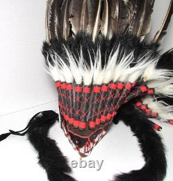 Vintage Native American Feathered & Beaded Warbonnet 34 Inches Long