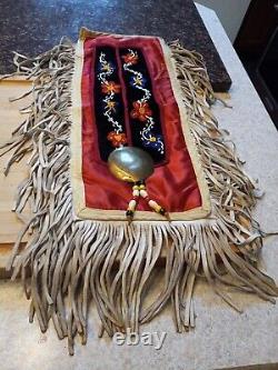 Vintage Native American Handmade Arm Sash Chest Plate Beaded Leather Fringe Old