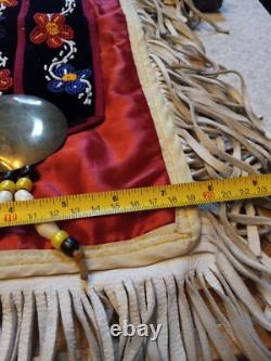 Vintage Native American Handmade Arm Sash Chest Plate Beaded Leather Fringe Old