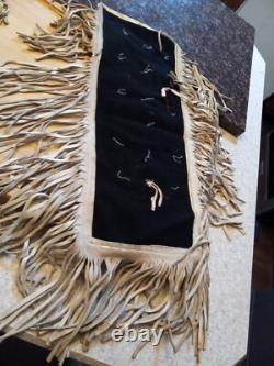 Vintage Native American Handmade Arm Sash Chest Plate Beaded Leather Fringe Old