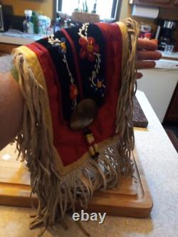 Vintage Native American Handmade Arm Sash Chest Plate Beaded Leather Fringe Old