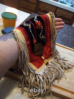 Vintage Native American Handmade Arm Sash Chest Plate Beaded Leather Fringe Old