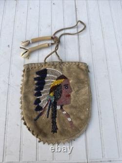 Vintage Native American Handmade Beaded Deerskin Leather Drawstring Pouch Bag