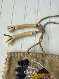 Vintage Native American Handmade Beaded Deerskin Leather Drawstring Pouch Bag