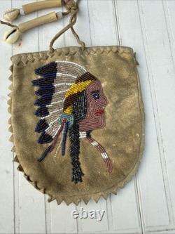 Vintage Native American Handmade Beaded Deerskin Leather Drawstring Pouch Bag