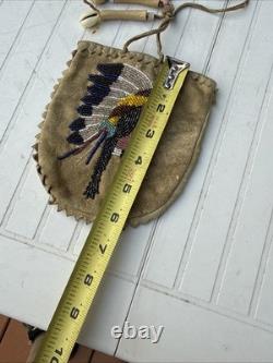 Vintage Native American Handmade Beaded Deerskin Leather Drawstring Pouch Bag