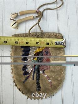 Vintage Native American Handmade Beaded Deerskin Leather Drawstring Pouch Bag