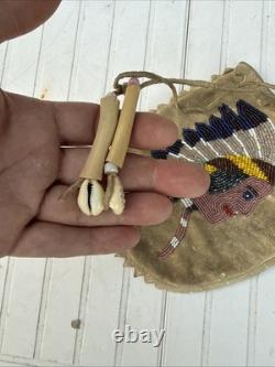 Vintage Native American Handmade Beaded Deerskin Leather Drawstring Pouch Bag
