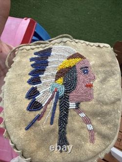 Vintage Native American Handmade Beaded Deerskin Leather Drawstring Pouch Bag