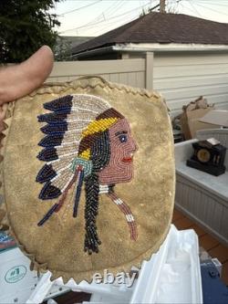 Vintage Native American Handmade Beaded Deerskin Leather Drawstring Pouch Bag