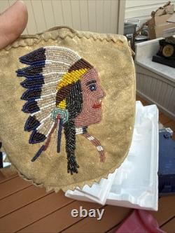 Vintage Native American Handmade Beaded Deerskin Leather Drawstring Pouch Bag