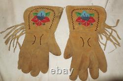 Vintage Native American Handmade Beaded Hide Gauntlet Gloves /Yakama/11/Flower