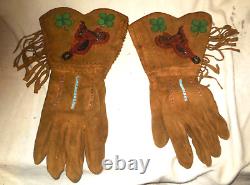 Vintage Native American Handmade Beaded Hide Gauntlet Gloves /Yakama /Saddle/14