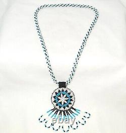 Vintage Native American Handmade Beaded/Leather Necklace/Turquois Black & White