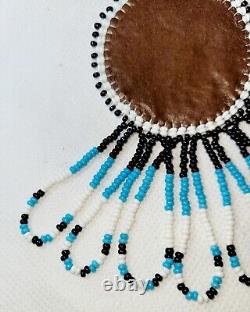 Vintage Native American Handmade Beaded/Leather Necklace/Turquois Black & White