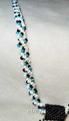 Vintage Native American Handmade Beaded/Leather Necklace/Turquois Black & White