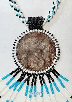 Vintage Native American Handmade Beaded/Leather Necklace/Turquois Black & White